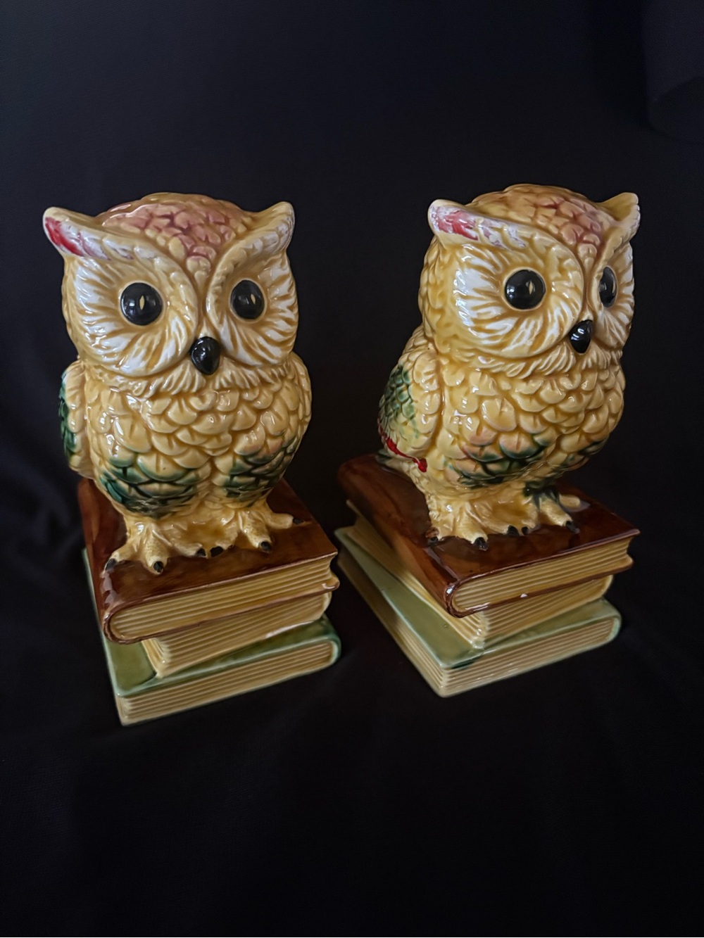 Vintage MCM Ceramic Owl Bookends on Books – Retro Decor - Japan